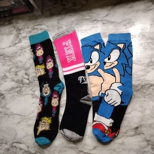 Sonic and Cartoon Character Socks Set - Black, Blue, Pink